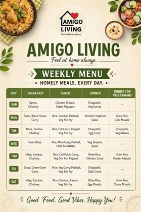 AMIGO Living weekly food menu poster showing every meal of the week